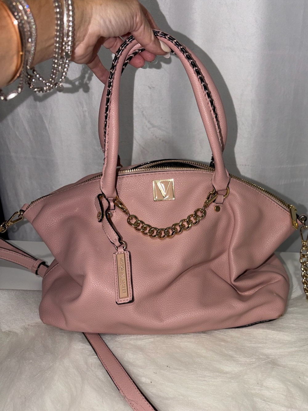 Victoria's Secret Blush Pink Leather Shoulder Bag with Gold Chain